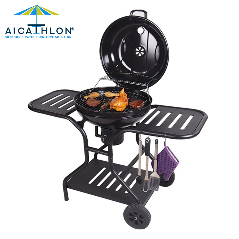 Black Luxury Single Side Table Kettle Bbq Charcoal Grill Trolley Wheels Durable Barbecue Grill