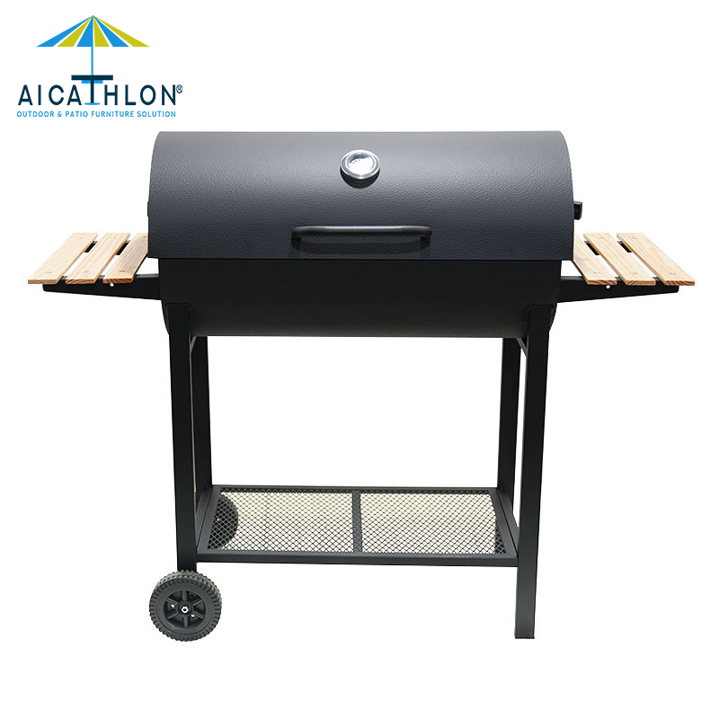 Outdoor Barbecue Trolley Smoker Big Oil Drum Grill Barrel Bbq Charcoal Grill With Folding Side and Front Table