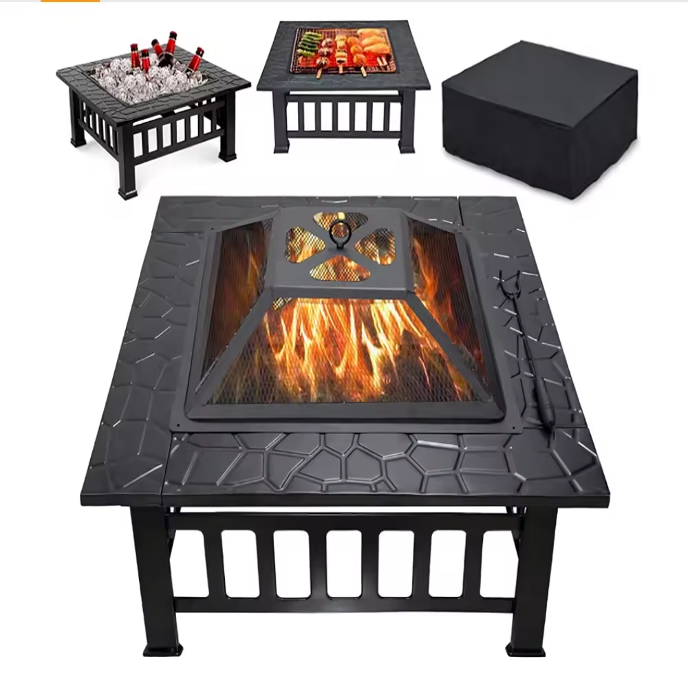 32inch Outdoor Portable Garden Patio Fire Pit Barbecue Grill Furniture Tables Square Metal Steel Fire Pit