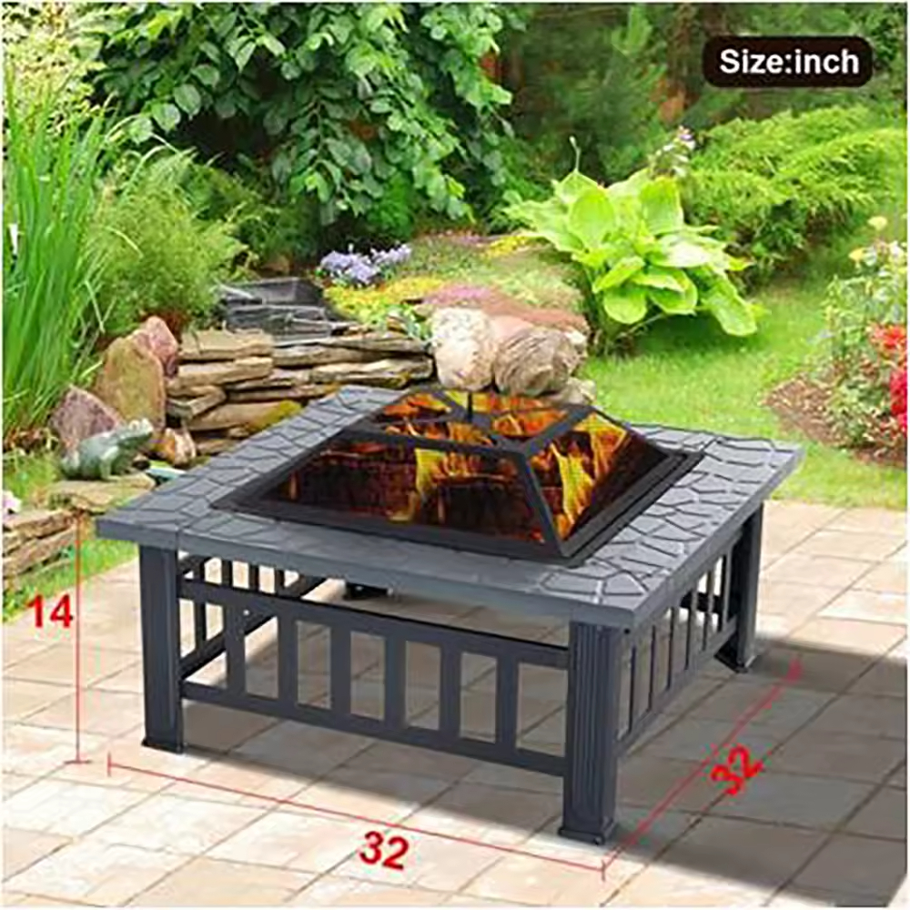 32inch Outdoor Portable Garden Patio Fire Pit Barbecue Grill Furniture Tables Square Metal Steel Fire Pit