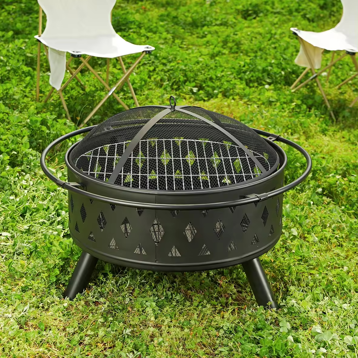 outdoor 32″ Deep Bowl Wood Burning Fire pit with Barbecue Baking Net