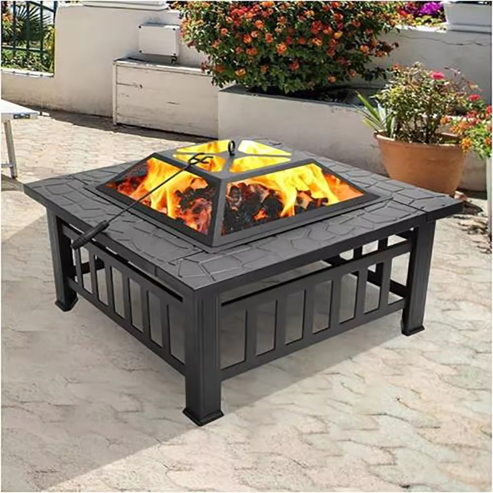 32inch Outdoor Portable Garden Patio Fire Pit Barbecue Grill Furniture Tables Square Metal Steel Fire Pit