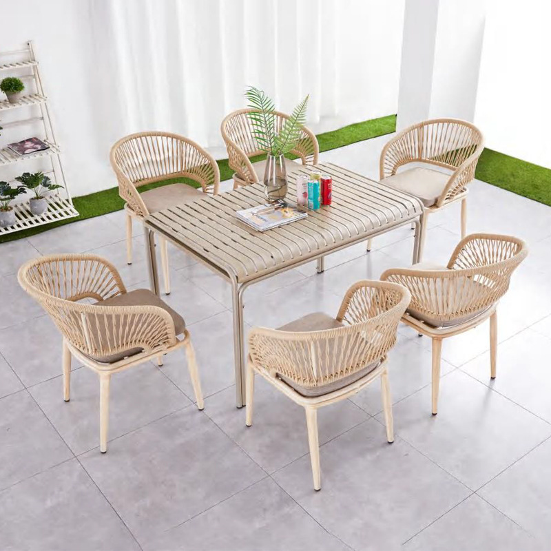 Outdoor coffee shop hotel dining table chair set plastic wood table chair rattan chair terrace furniture